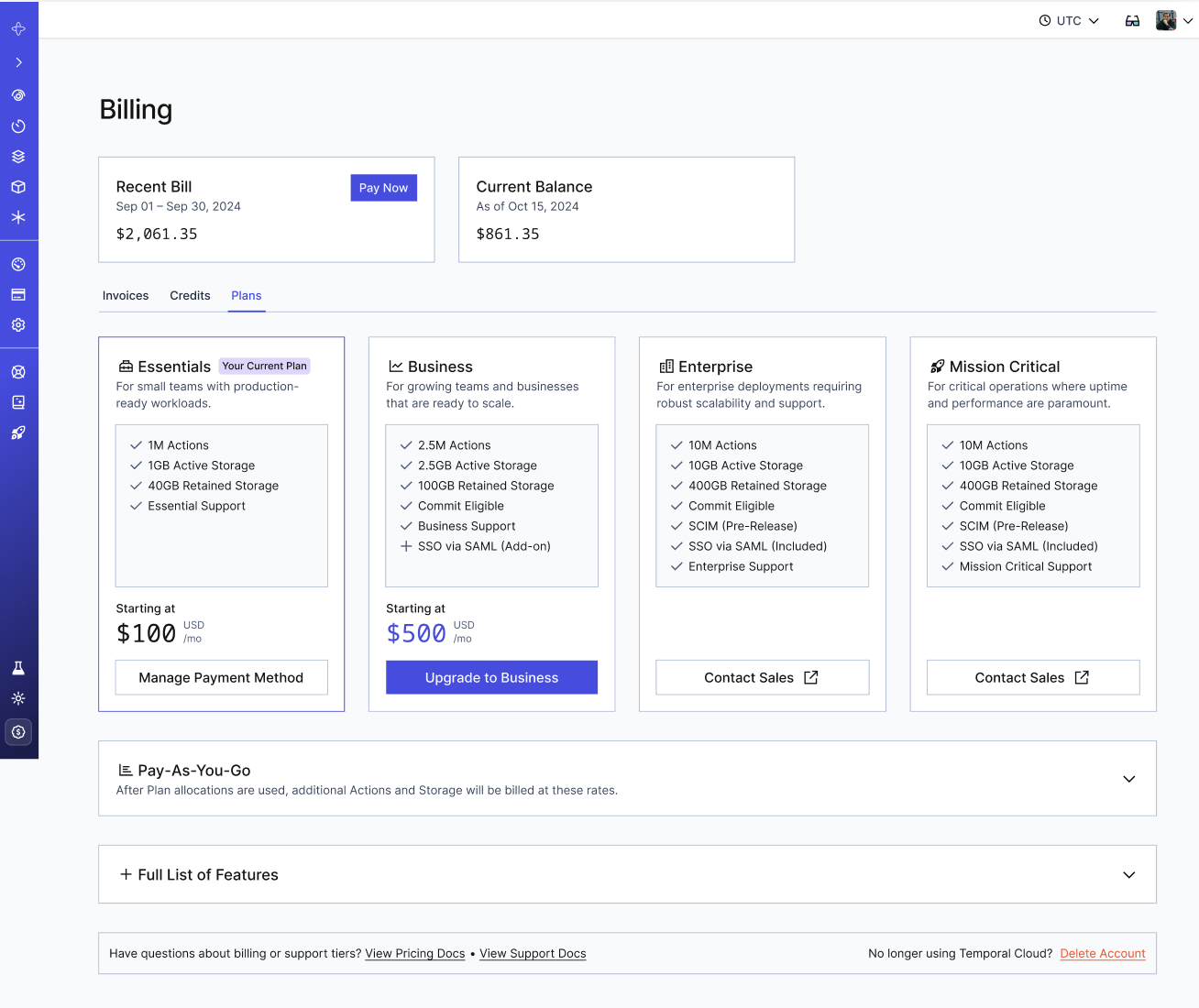 Billing page showing Plans tab